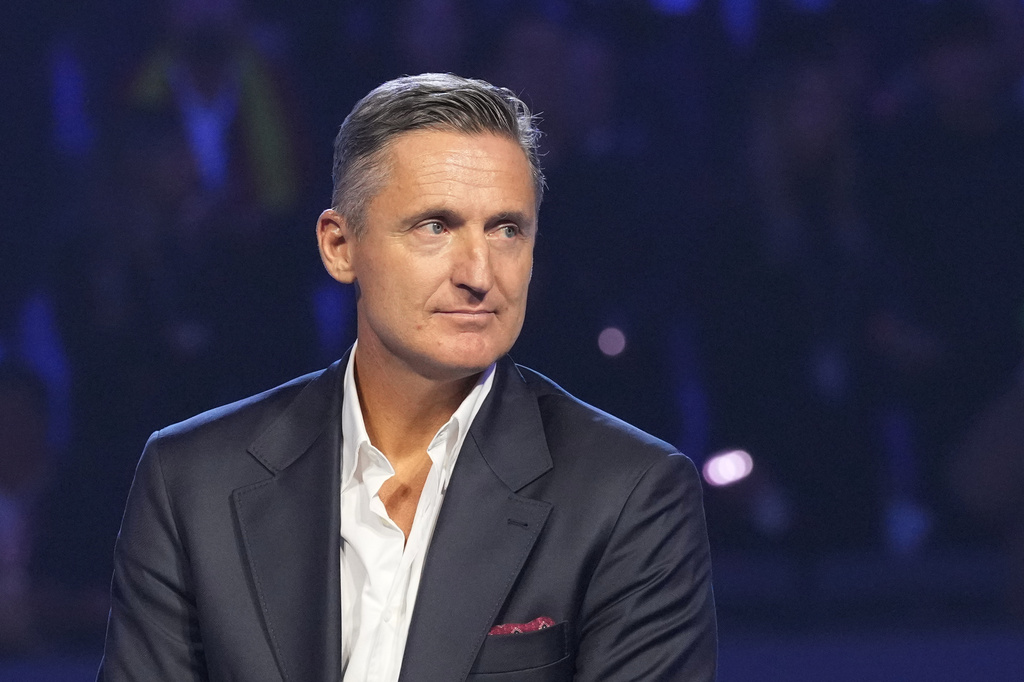 FILE - ATP President Andrea Gaudenzi stands at the end of the singles tennis final match of the ATP World Tour Finals in Turin, Italy, Nov. 16, 2025. (AP Photo/Antonio Calanni, File)