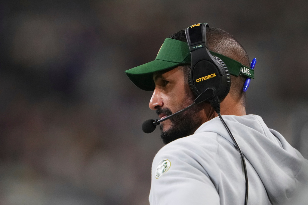 FILE - Colorado State head coach Jay Norvell looks on from the sideline during the second half of an NCAA college football game against Washington, Aug. 30, 2025, in Seattle. (AP Photo/Lindsey Wasson, File)