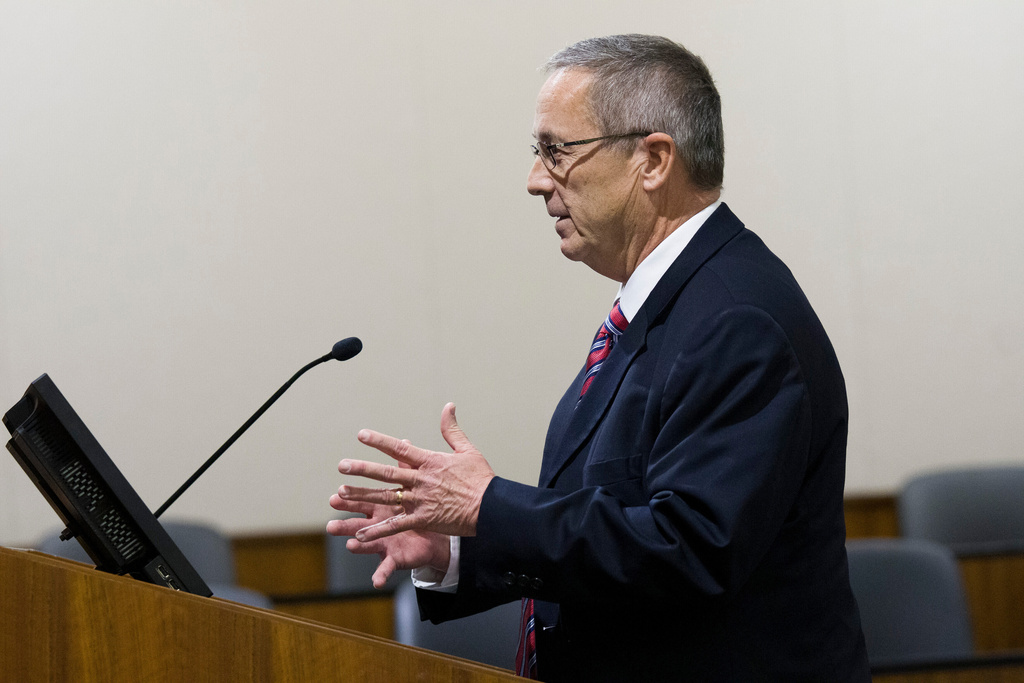 Utah County Attorney Jeff Gray addresses the court during a hearing for Tyler Robinson in 4th District Court in Provo, Utah, on Friday, Jan. 16, 2026. (Bethany Baker/The Salt Lake Tribune via AP, Pool)