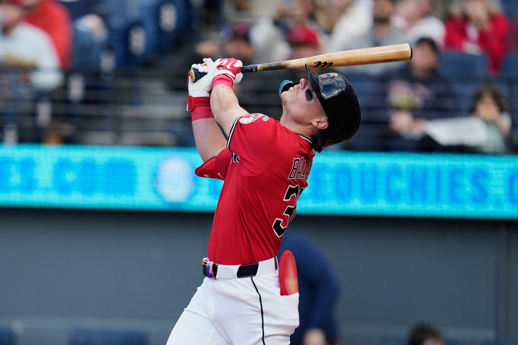 Cleveland Guardians' Travis Bazzana watches a foul ball during an at bat in the second inning of a baseball game against the Cleveland Guardians in Cleveland, Tuesday, April 28, 2026. (AP Photo/Sue Ogrocki)