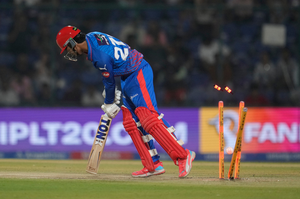Delhi Capitals' Sahil Parakh bowled out by Royal Challengers Bengaluru's Bhuvneshwar Kumar during the Indian Premier League cricket match between Delhi Capitals and Royal Challengers Bengaluru in Delhi, India, Monday, April 27, 2026. (AP Photo/Manish Swarup)