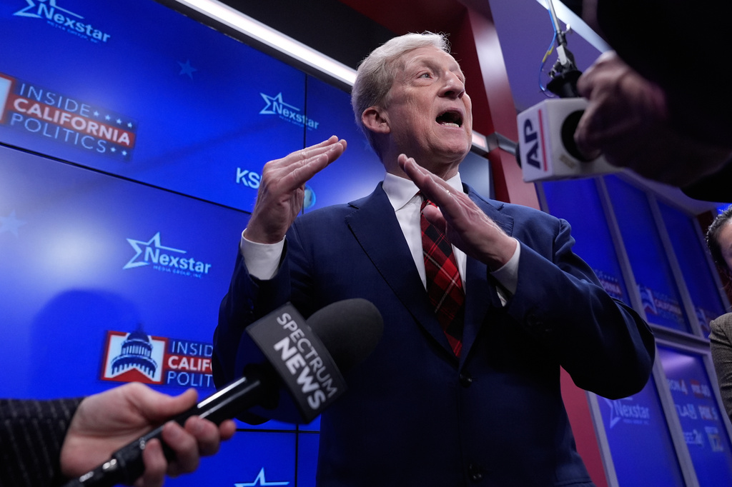 California's gubernatorial candidate Tom Steyer speaks after a debate, Wednesday, April 22, 2026, in San Francisco. (AP Photo/Godofredo A. Vásquez)