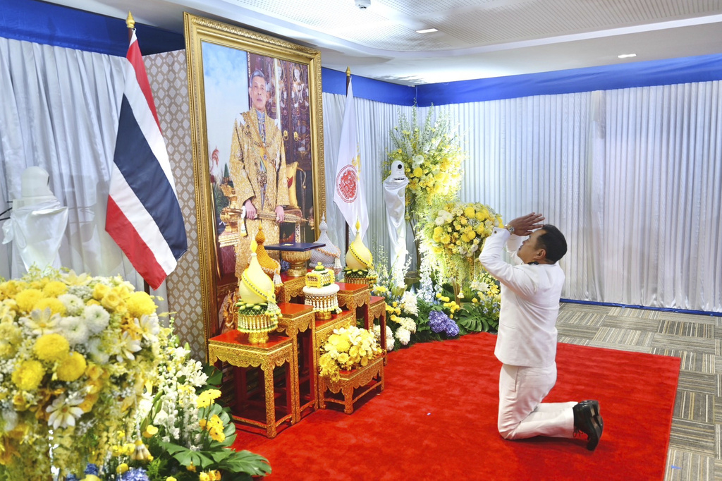 In this photo released by the Thai government spokesman office, Thailand's new Prime Minister Anutin Charnvirakul pays respect to a portrait of King Maha Vajiralongkorn, as he receives the royal endorsement ceremony at Bhumjai Thai party Headquarters in Bangkok, Thailand, Sunday, Sept. 7, 2025. (Thai government spokesman office via AP)