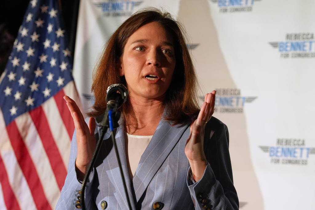 Rebecca Bennett, Democratic candidate for New Jersey's 7th Congressional District, speaks during a primary election night watch party after winning the Democratic nomination Tuesday, June 2, 2026, in Bridgewater, N.J. (AP Photo/Ryan Murphy)