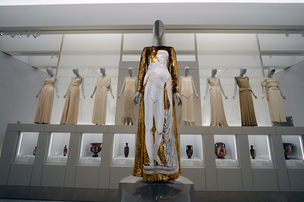 A design by Dolce & Gabbana in the "Classical Body" section is displayed at the Metropolitan Museum of Art's Costume Institute exhibition, "Costume Art," on Saturday, May 2, 2026, in New York. (Photo by Charles Sykes/Invision/AP)