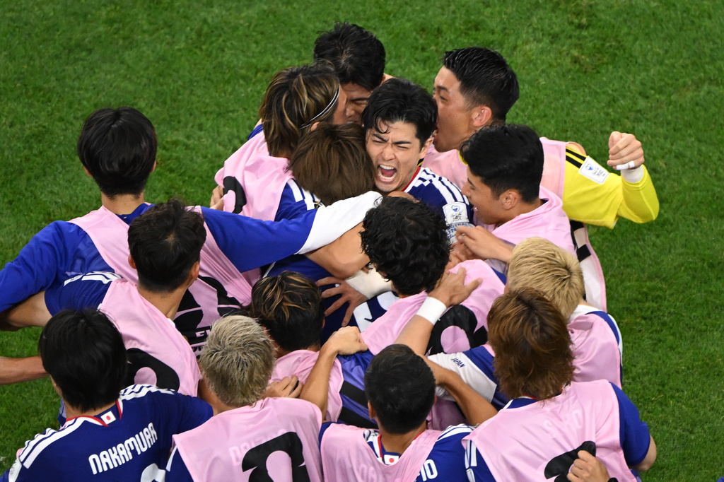 Japan celebrates a goal during the World Cup Group F soccer match between the Netherlands and Japan in Arlington, Texas, near Dallas, Sunday, June 14, 2026. (AP Photo/Jessica Tobias)