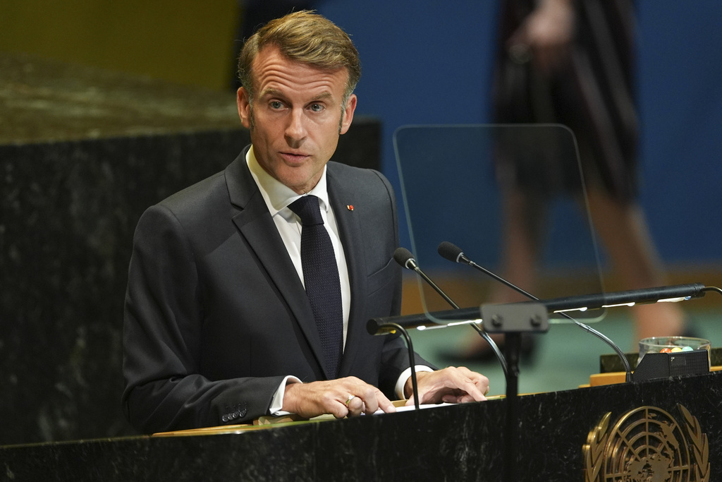 French President Emmanuel Macron speaks during a high-profile meeting at the United Nations aimed at galvanizing support for a two-state solution to the Israeli-Palestinian conflict Monday, Sept. 22, 2025, at UN headquarters. (AP Photo/Angelina Katsanis)