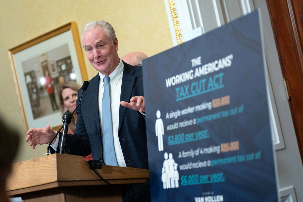 Sen. Chris Van Hollen, D-Md., speaks during a news conference as he introduces a Tax Bill at the Capitol Thursday, March 12, 2026, in Washington. (AP Photo/Jose Luis Magana)