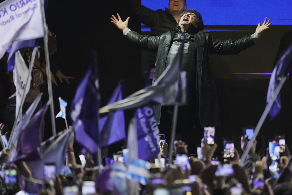 President Javier Milei leads a campaign rally ahead of legislative provincial elections, in Moreno, Buenos Aires province, Argentina, Wednesday, Sept. 3, 2025. (AP Photo/Natacha Pisarenko)
