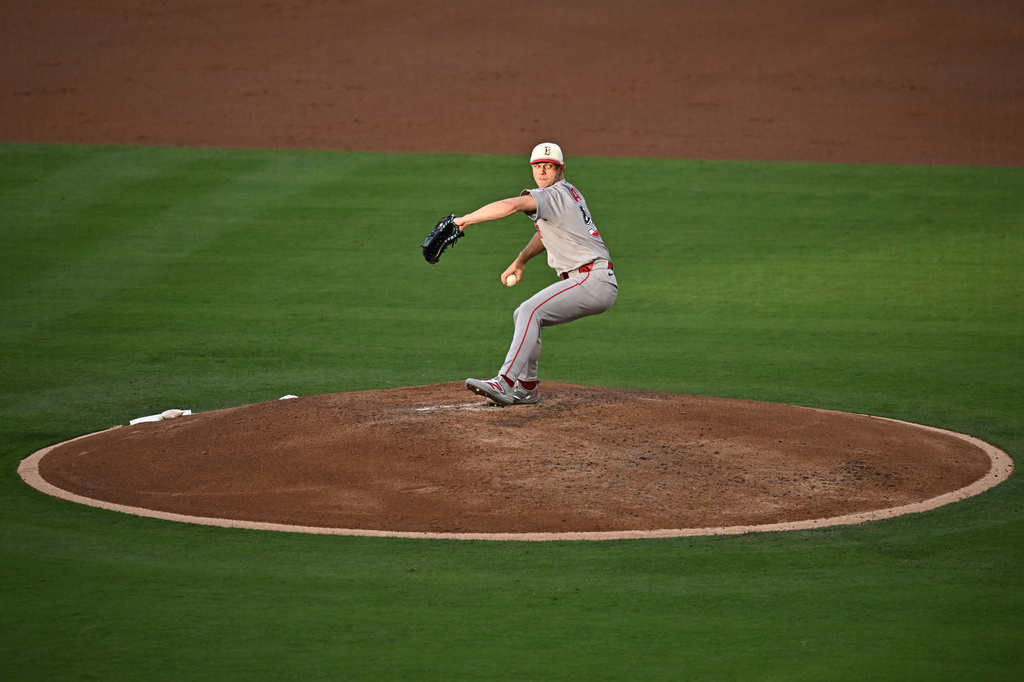 Boston Red Sox pitcher Sonny Gray delivers during the second inning of a baseball game against the Los Angeles Angels, Saturday, July 4, 2026, in Anaheim, Calif. (AP Photo/William Liang)
