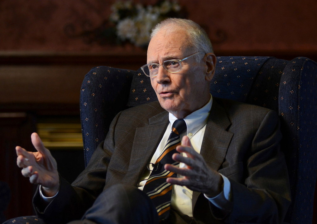 FILE - Former Rep. Lee Hamilton, D-Ind., speaks at the University Speakers Series at Indiana State University, Sept. 20, 2012, in Terre Haute, Ind. (Jim Avelis/The Tribune-Star via AP, File)