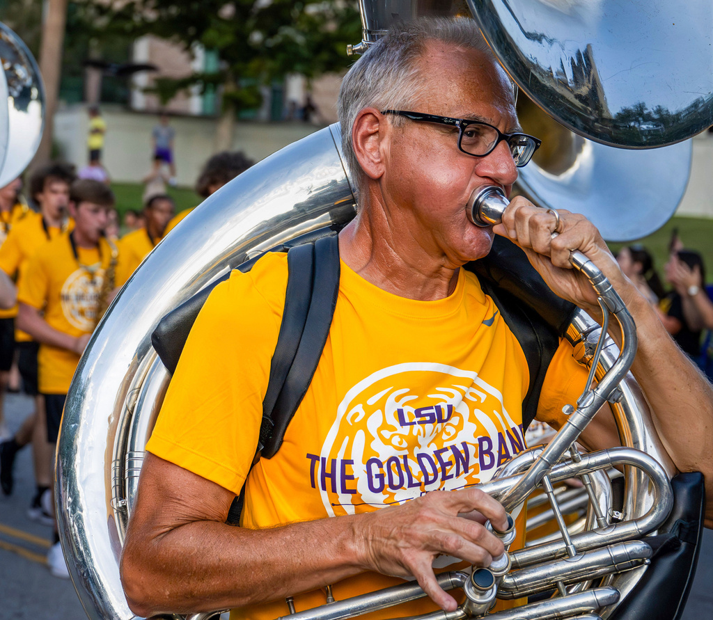 Kent Broussard performs with The Golden Band from Tigerland as they head down Victory Hill for a final run-through before the start of the season Sunday, August 24, 2025 in Baton Rouge, La. (Michael Johnson/The Times-Picayune/The New Orleans Advocate via AP)