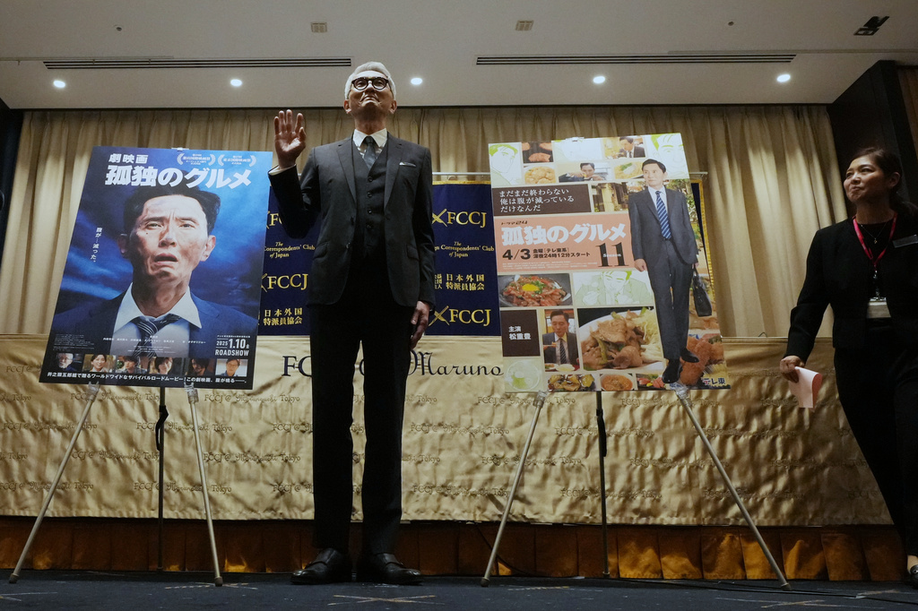 Yutaka Matsushige, a Japanese actor, poses for a photo before speaking at a news conference on a popular drama where he stars, in Tokyo, Thursday, April 16, 2026. (AP Photo/Hiro Komae)