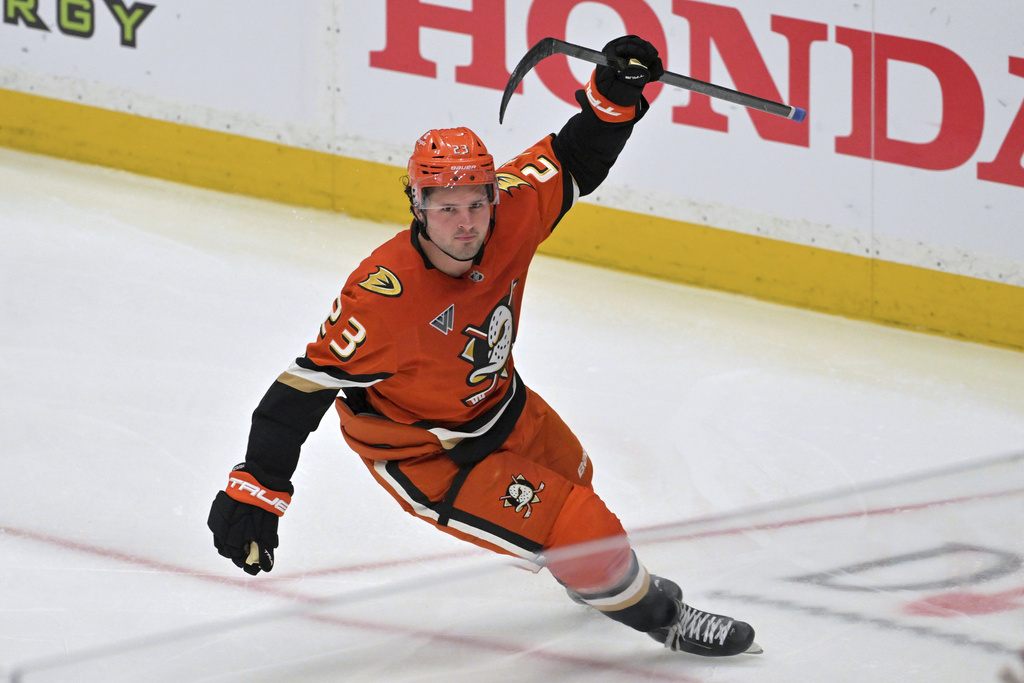 FILE - Anaheim Ducks center Mason McTavish celebrates after scoring a goal during the third period of an NHL hockey game against the Edmonton Oilers, April 7, 2025, in Anaheim, Calif. (AP Photo/Jayne Kamin-Oncea, file)