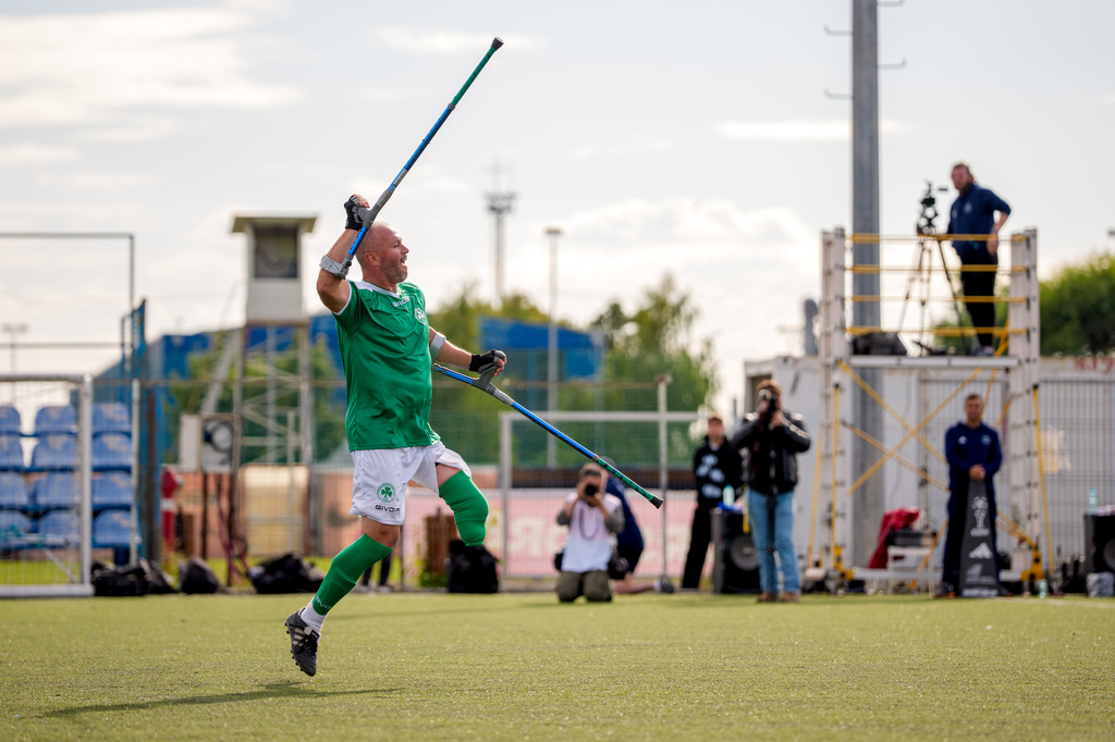 Panathinaikos' Lazaros Marigkos celebrates scoring during an amputee soccer match between FCSB and Panathinaikos in the inaugural EAFF Conference League in Bucharest, Romania, Friday, Sept. 25, 2026. (AP Photo/Andreea Alexandru)