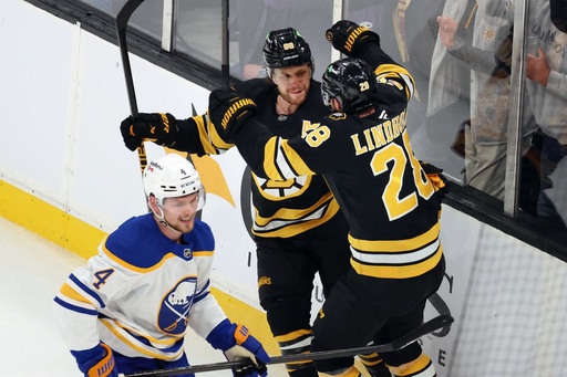 Boston Bruins' David Pastrnak (88) celebrates after his goal with Elias Lindholm (28) behind Buffalo Sabres' Bowen Byram (4) during the first period of an NHL hockey game, Thursday, Oct. 30, 2025, in Boston. (AP Photo/Michael Dwyer) Boston Bruins' David Pastrnak (88) celebrates after his goal with Elias Lindholm (28) behind Buffalo Sabres' Bowen Byram (4) during the first period of an NHL hockey game, Thursday, Oct. 30, 2025, in Boston. (AP Photo/Michael Dwyer)