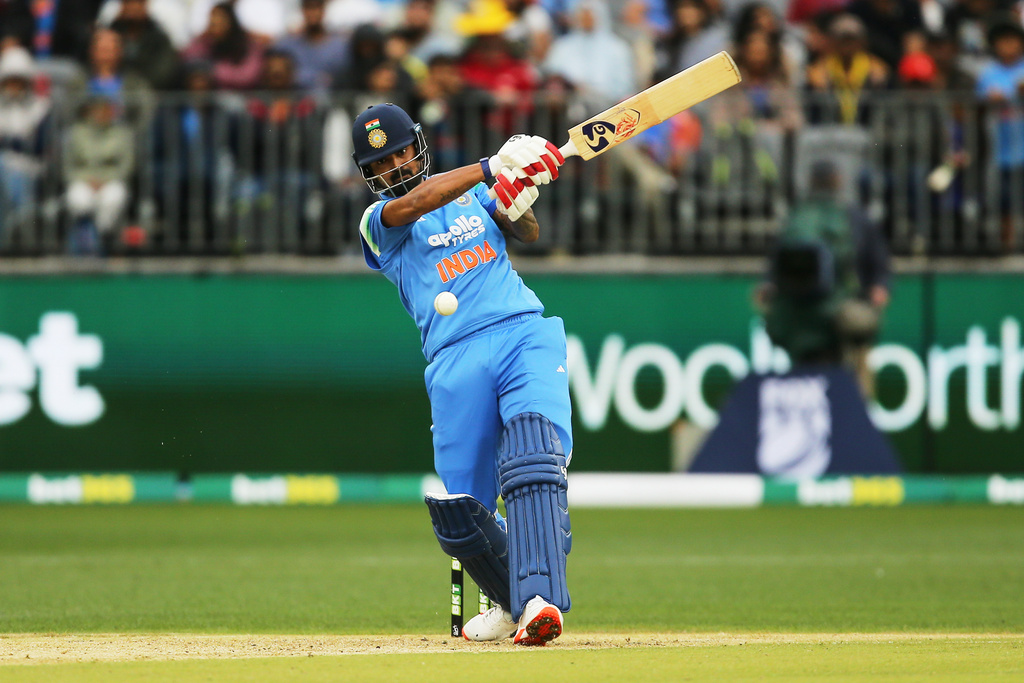 India's KL Rahul bats during the one day international cricket match between Australia and India in Perth Australia, Sunday, Oct. 19, 2025. (David Woodley/AAPImage via AP)