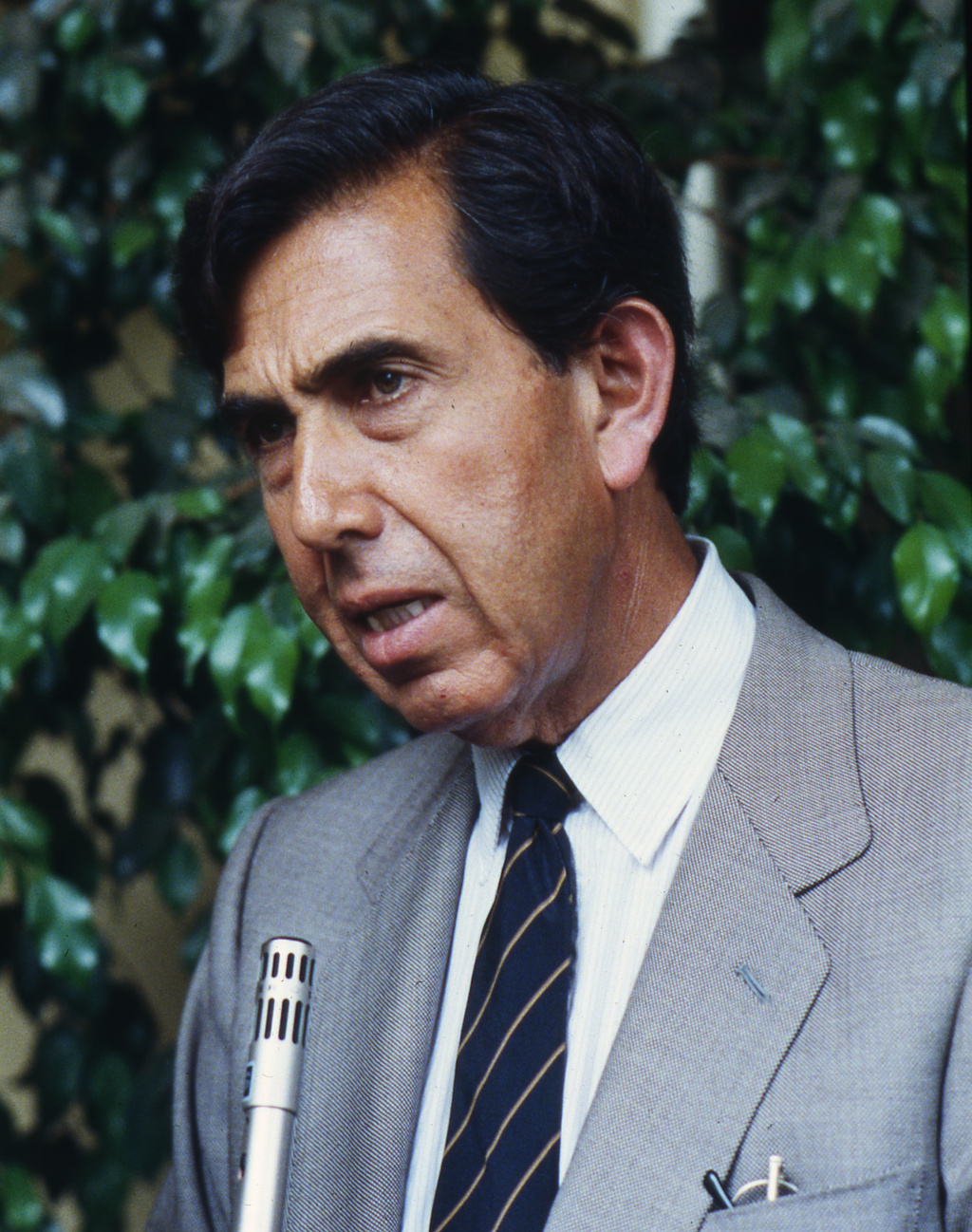 FILE - Mexico's Cuauhtemoc Cardenas, National Democratic Front (FDN) candidate speaks during a press conference in Mexico City, July 6, 1988. (AP Photo/Valente Cotera, File)