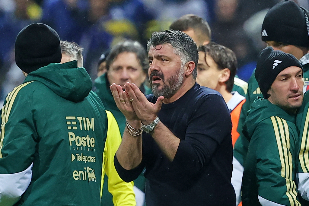 FILE - Italy coach Gennaro Gattuso gestures from the touchline during the World Cup qualifying playoff final soccer match between Bosnia and Italy in Zenica, Bosnia, Tuesday, March 31, 2026. (AP Photo/Armin Durgut, File)