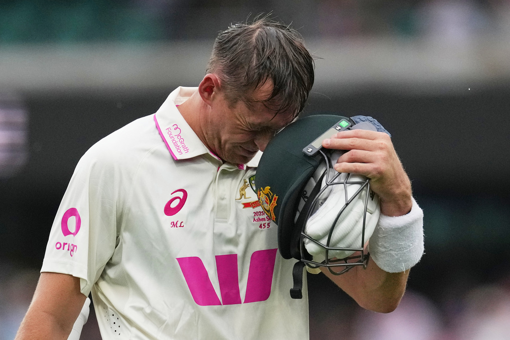 Australia's Marnus Labuschagne reacts after he was dismissed during play on day two of the fifth and final Ashes cricket test between England and Australia in Sydney, Monday, Jan. 5, 2026. (AP Photo/Mark Baker)