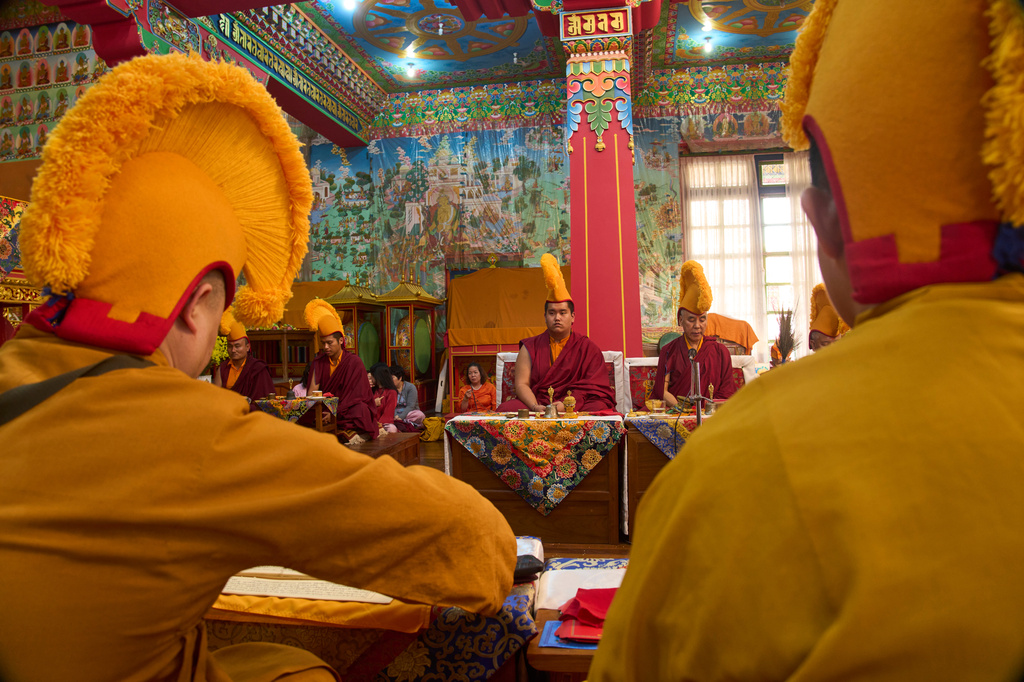 Jalue Dorje attends a ritual with other monks at Dzarong Thubten Mindrol Dongä Monastery in Kathmandu, Nepal, Tuesday, April 14, 2026. (AP Photo/Niranjan Shrestha)
