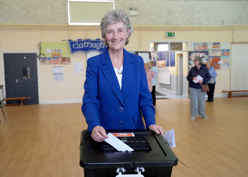 Independent candidate Catherine Connolly casts her vote in the election for the next Irish president at Claddagh National School in Galway city, Ireland, Friday, Oct. 24, 2025. (Brian Lawless/PA via AP) Independent candidate Catherine Connolly casts her vote in the election for the next Irish president at Claddagh National School in Galway city, Ireland, Friday, Oct. 24, 2025. (Brian Lawless/PA via AP)