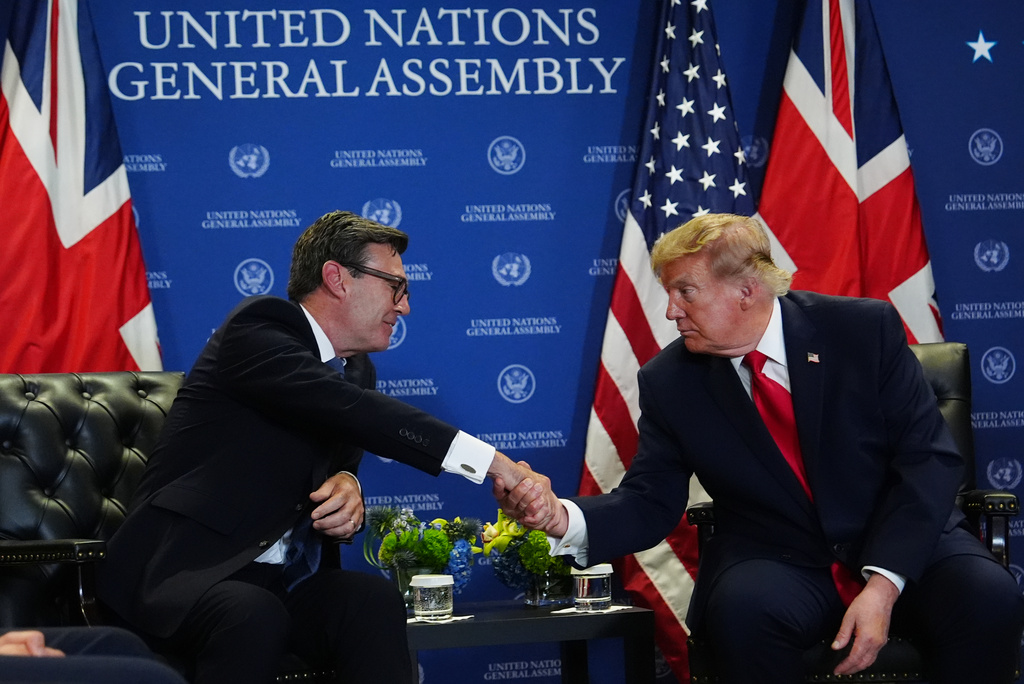 President Donald Trump shakes hands with Britain's Prime Minister Andy Burnham during the United Nations General Assembly, Tuesday, Sept. 22, 2026, at the UN headquarters. (AP Photo/Julia Demaree Nikhinson)
