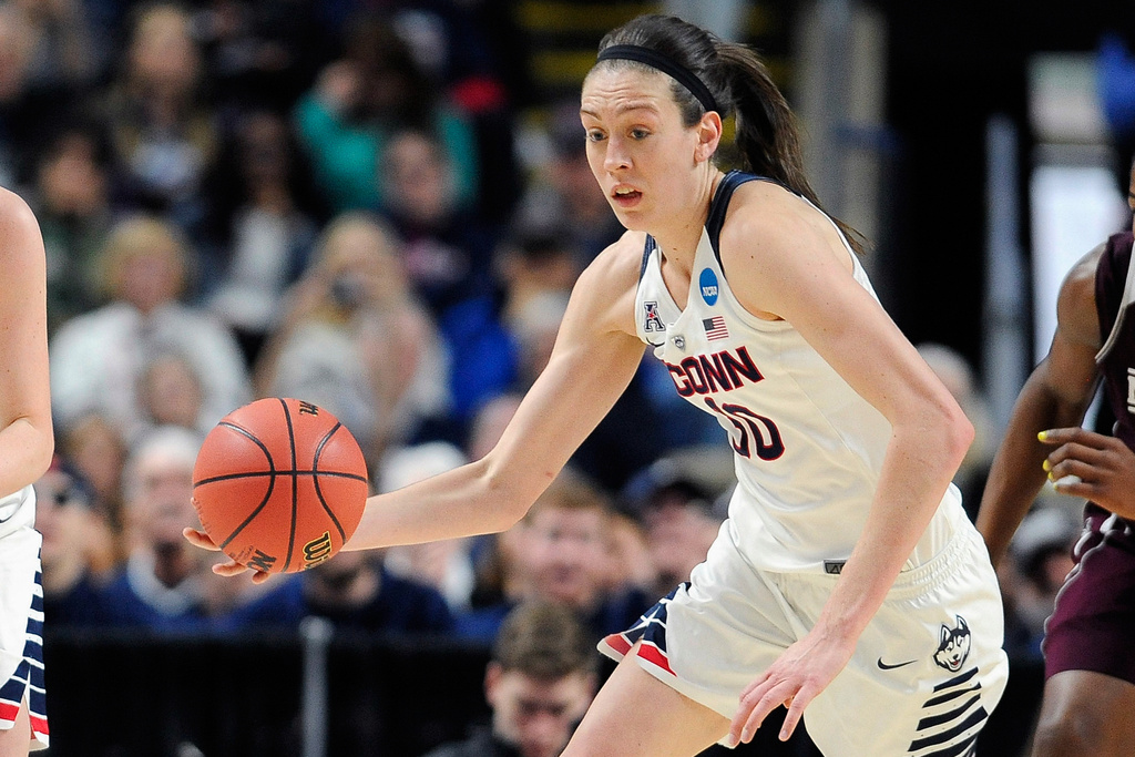 FILE - Connecticut's Breanna Stewart starts a fast break against Mississippi State during the first half of an NCAA college basketball game in the regional semifinals of the women's NCAA Tournament, March 26, 2016, in Bridgeport, Conn. (AP Photo/Jessica Hill, File)