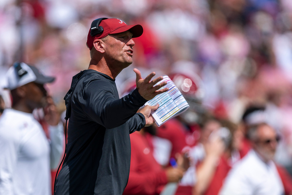 Alabama head coach Kalen DeBoer reacts to a call by the game officials during the first half of an NCAA college football game against East Carolina, Saturday, Sept. 5, 2026, in Tuscaloosa, Ala. (AP Photo/Vasha Hunt)