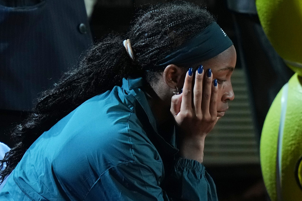 United States' Coco Gauff reacts after loosing against Ukraine's Elina Svitolina at the end of the women's final match at the Italian Open tennis tournament in Rome, Saturday, May 16, 2026. (AP Photo/Andrew Medichini)