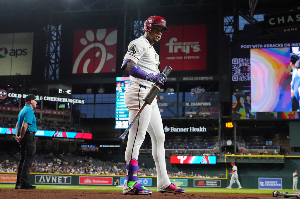 Arizona Diamondbacks designated hitter Ketel Marte waits to bat against the Philadelphia Phillies during the second inning of a baseball game, Monday, Aug. 31, 2026, in Phoenix. (AP Photo/Ross D. Franklin)