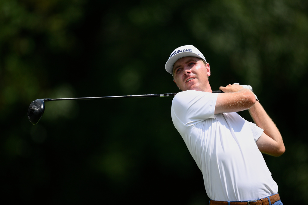 FILE - Ryan Gerard hits from the ninth tee during the first round of the BMW Championship golf tournament, Aug. 14, 2025, in Owings Mills, Md. (AP Photo/Nick Wass, file)