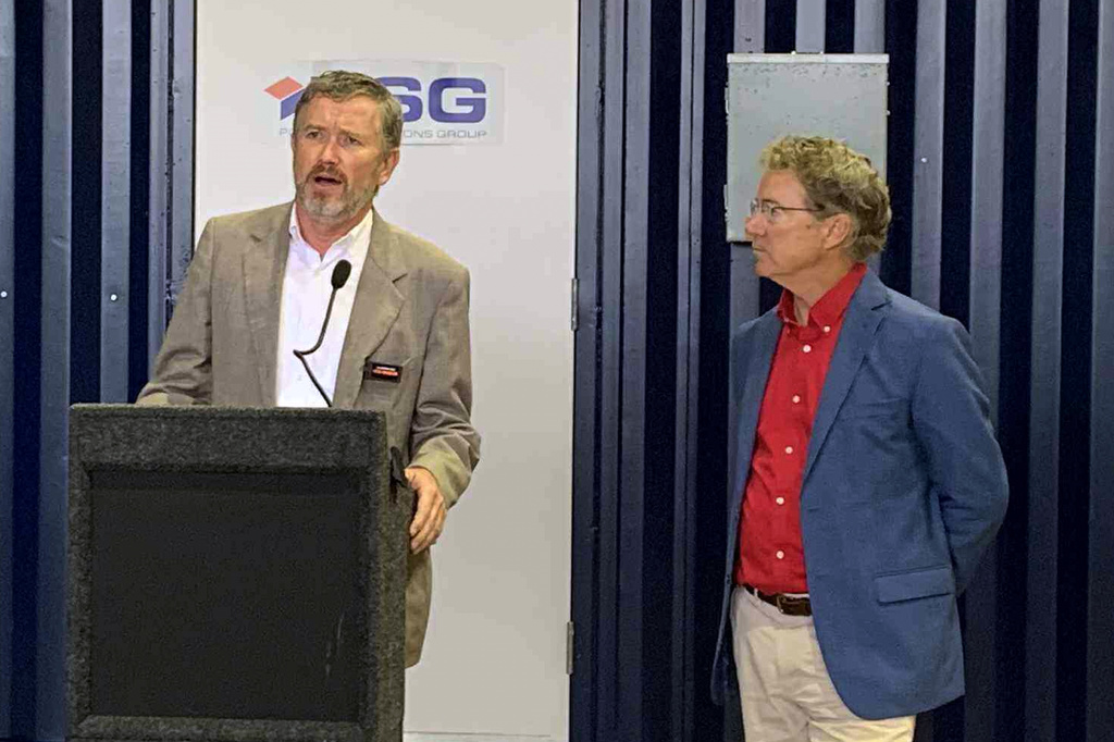 Rep. Thomas Massie, R-Ky., speaks at a regional forum as Sen. Rand Paul, R-Ky., watches on Wednesday, Sept. 24, 2025 in Wurtland, Ky. (Aaron Snyder/The Daily Independent via AP)