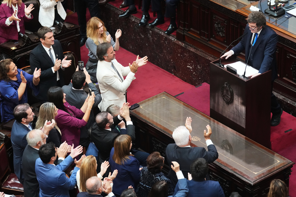 Argentina's President Javier Milei delivers the annual State of the Nation address at Congress in Buenos Aires, Argentina, Sunday, March 1, 2026. (AP Photo/Gustavo Garello)