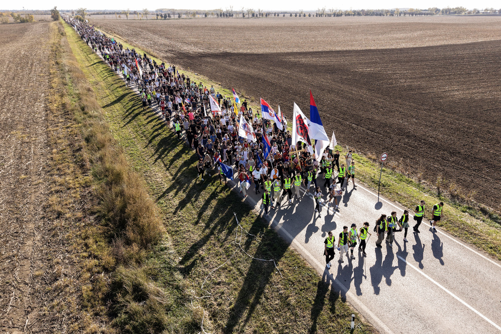 An aerial view of students marching through the fields in northern Serbia, as they go to Novi Sad for a huge rally on Nov. 1 marking the first anniversary of a train station disaster that killed 16 people, in Indjija, Serbia, Friday, Oct. 31, 2025. (AP Photo/Armin Durgut)
