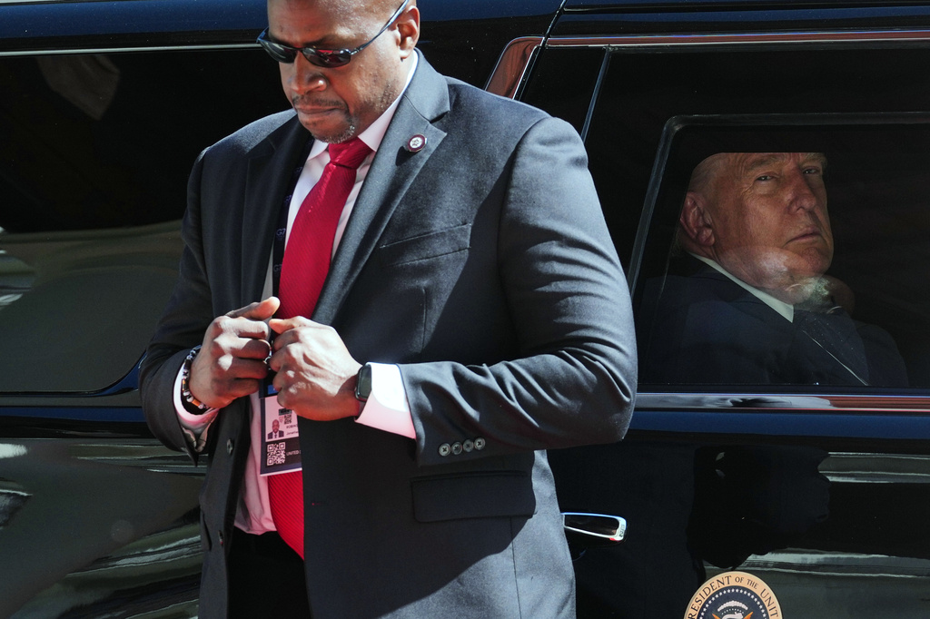 U.S. President Donald Trump arrives for the G7 summit in Evian-les-Bains, France, Monday, June 15, 2026. (AP Photo/Thibault Camus)