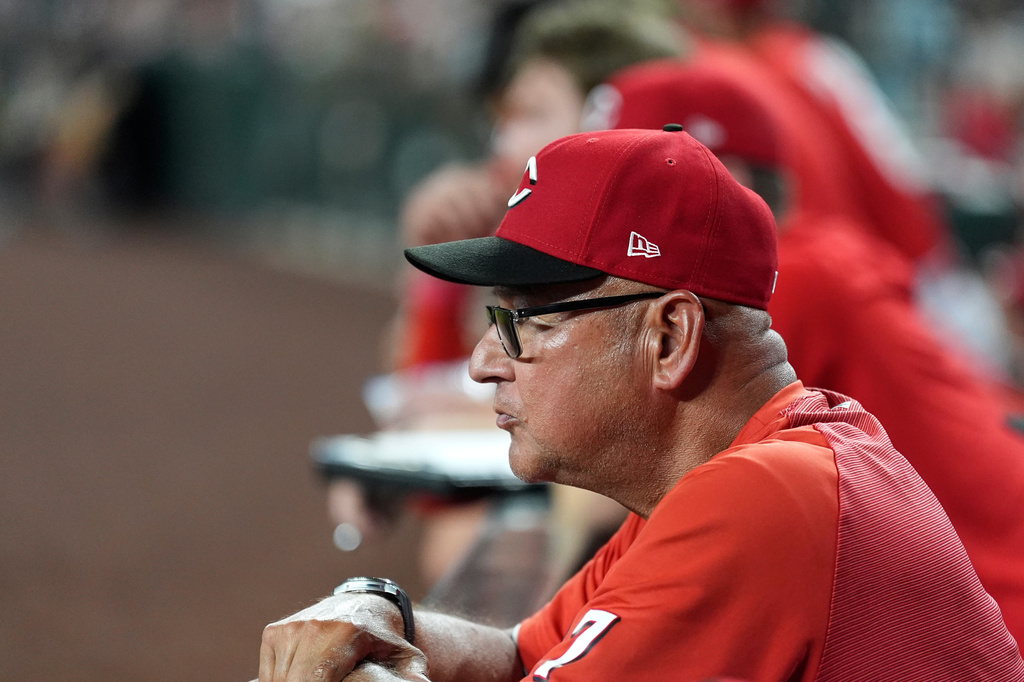 Cincinnati Reds manager Terry Francona watches the action on the field during the second inning of a baseball game against the Arizona Diamondbacks, Friday, Aug. 21, 2026, in Phoenix. (AP Photo/Ross D. Franklin)