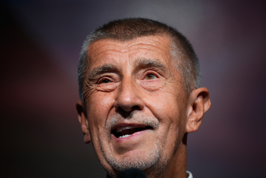 Chairman of opposition "ANO" (YES) movement Andrej Babis addresses the media after most of the votes were counted in the parliamentary elections in Prague, Czech Republic, Saturday, Oct. 4, 2025. (AP Photo/Petr David Josek)