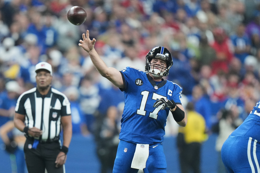 Indianapolis Colts quarterback Philip Rivers (17) passes against the San Francisco 49ers during the first half of an NFL football game, Monday, Dec. 22, 2025, in Indianapolis. (AP Photo/AJ Mast)