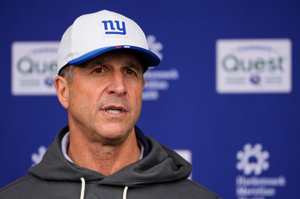 New York Giants head coach John Harbaugh speaks during a press conference at rookie minicamp at the NFL football team's practice facility, Saturday, May 9, 2026, in East Rutherford, N.J. (AP Photo/Yuki Iwamura)