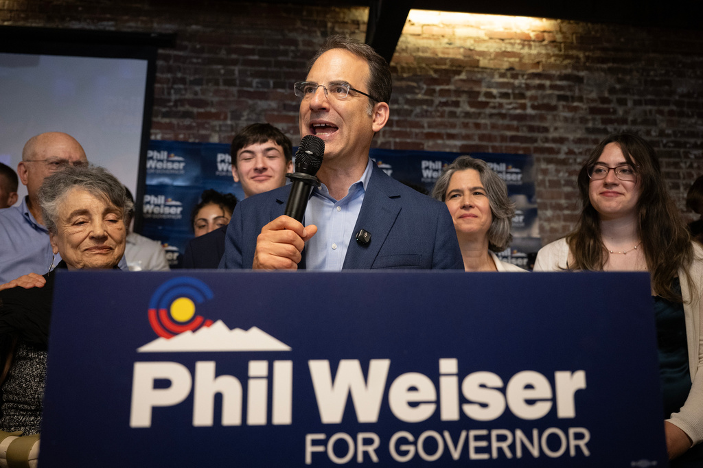 Attorney General Phil Weiser speaks during an election watch party for his gubernatorial campaign on Tuesday, June 30, 2026, in Denver. (Timothy Hurst/The Denver Post via AP)