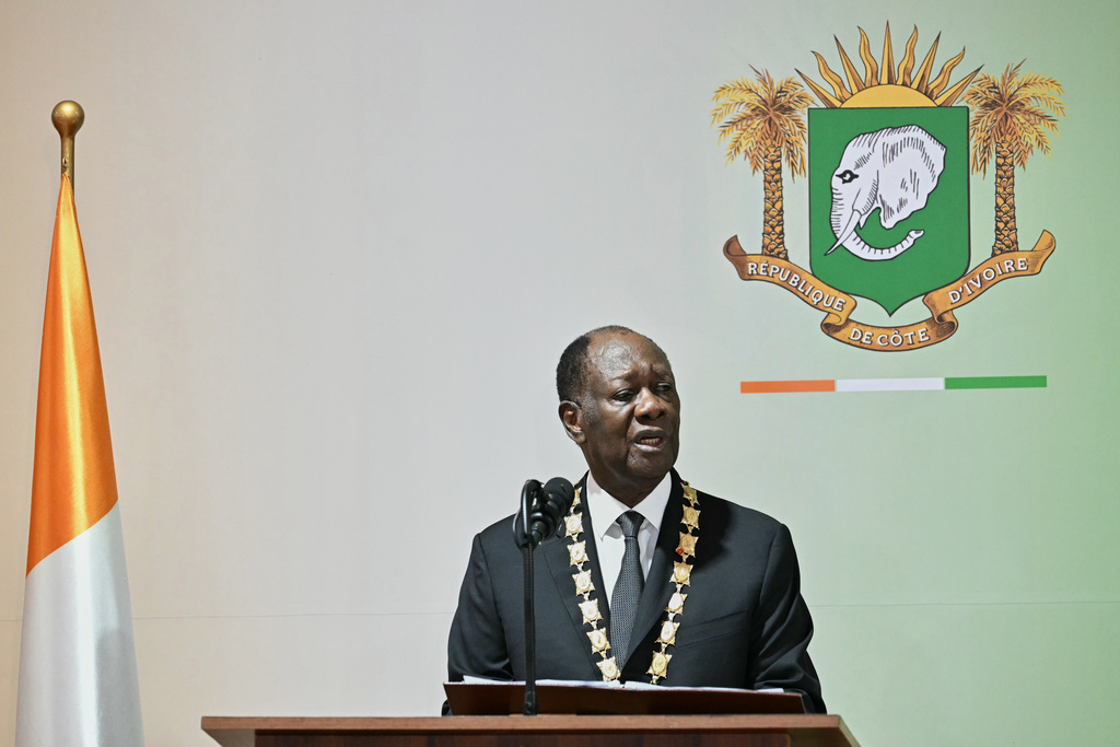 Ivory Coast President Alassane Ouattara speaks after been sworn in at the Presidential Palace in Abidjan, Ivory Coast, Monday, Dec. 8, 2025. (Sia Kambou/Pool Photo via AP)