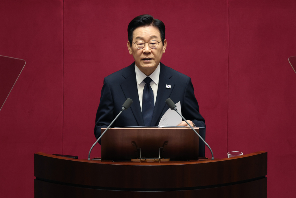 South Korean President Lee Jae Myung speaks at the National Assembly in Seoul, South Korea, Tuesday, Nov. 4, 2025. (Chung Sung-Jun/Pool Photo via AP)