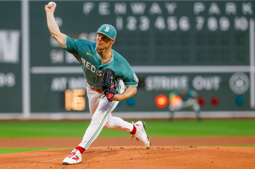 Boston Red Sox pitcher Sonny Gray delivers during the first inning of a baseball game against the San Francisco Giants, Friday, Aug. 21, 2026, in Boston. (AP Photo/Greg M. Cooper)