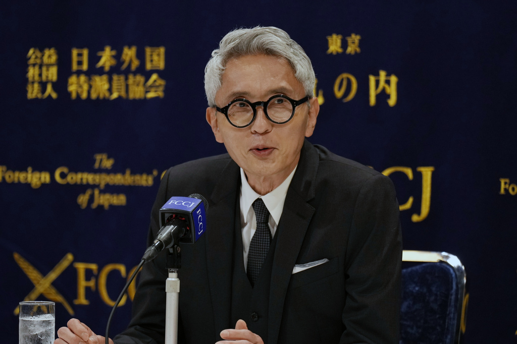 Yutaka Matsushige, a Japanese actor, speaks during a news conference on a popular TV drama where he stars, in Tokyo, Thursday, April 16, 2026. (AP Photo/Hiro Komae)
