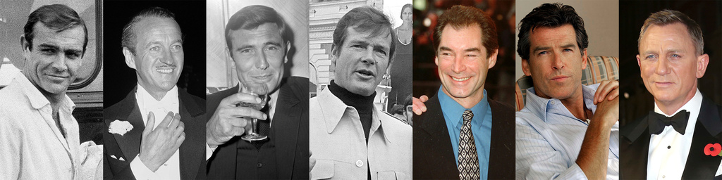 This combination of photos shows the actors who have portrayed James Bond, from left, Sean Connery, David Niven, George Lazenby, Roger Moore, Timothy Dalton, Pierce Brosnan, and Daniel Craig. (AP Photo)