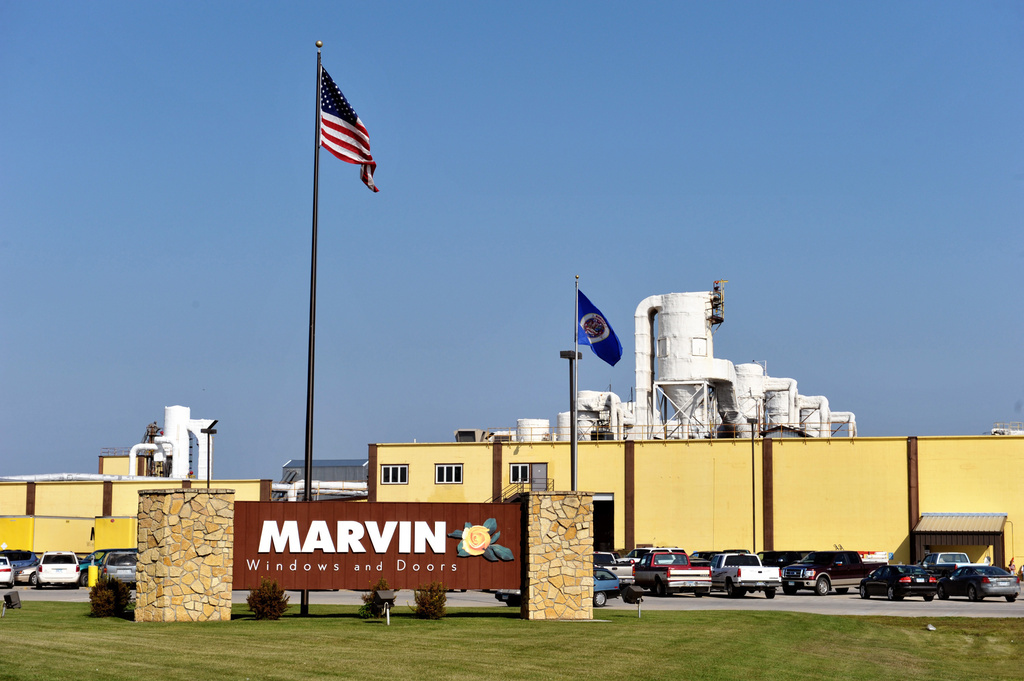 FILE - This Sept. 16, 2009 photo shows the outside of Marvin Windows and Doors manufacturing in Warroad, Minn. (Glen Stubbe/Star Tribune via AP, File)