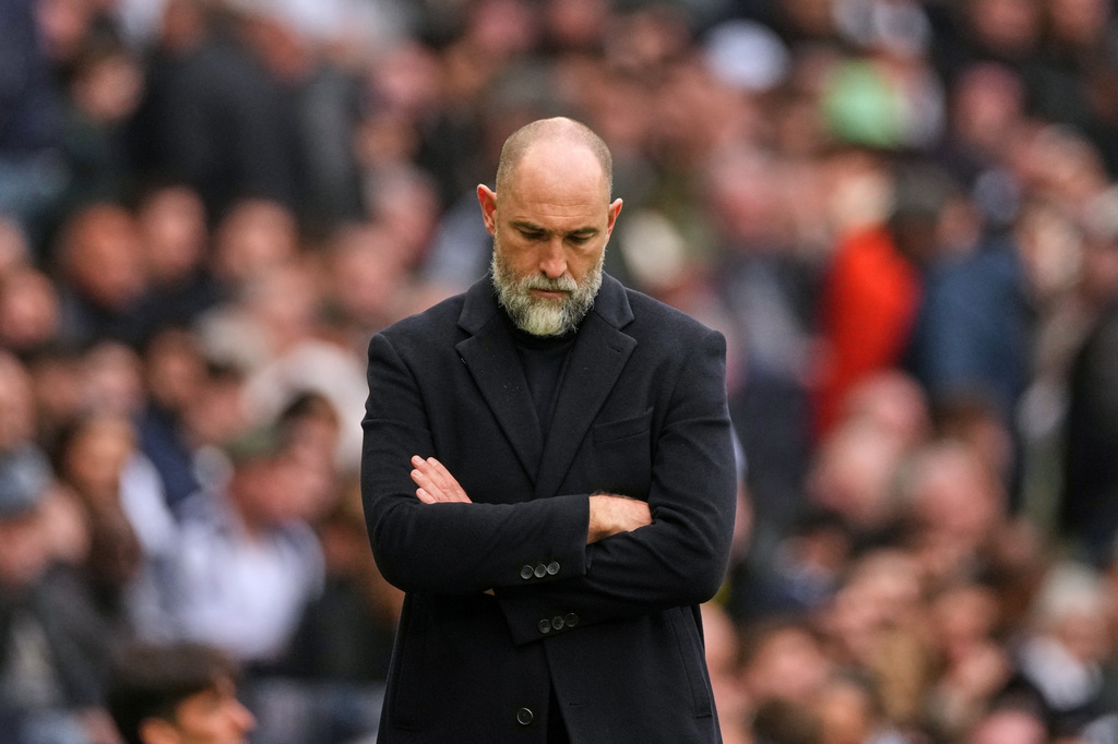 FILE - Tottenham's coach Igor Tudor reacts during the English Premier League soccer match between Tottenham Hotspur and Nottingham Forest in London, Sunday, March 22, 2026. (AP Photo/Dave Shopland, File)