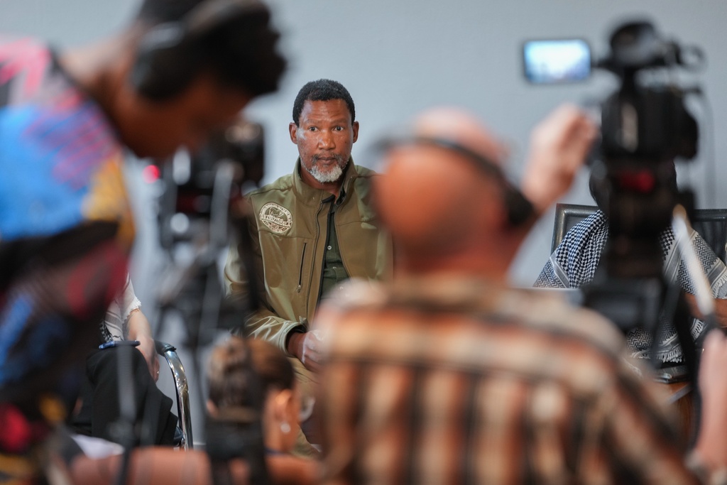 REMOVES POLITICAL REFERENCE: Nelson Mandela's grandson Mandla Mandela joins a press conference held by the Global Sumud Flotilla about its upcoming Spring 2026 mission Thursday, Feb. 5, 2026, at the Nelson Mandela Foundation in Johannesburg, South Africa. (AP Photo/Jerome Delay)