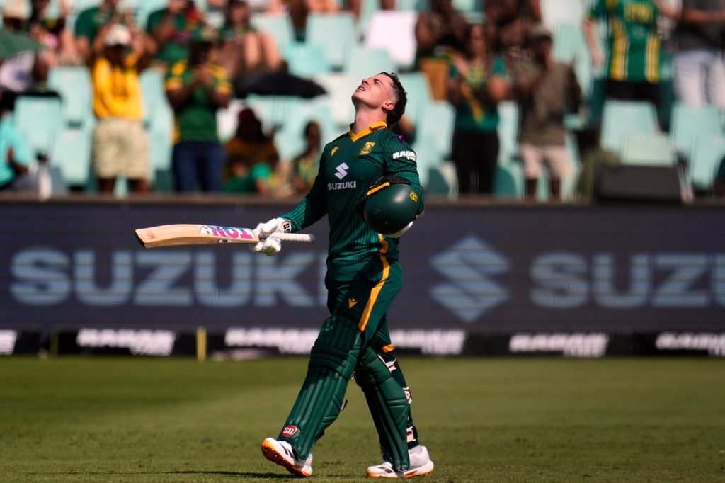 South Africa's batsman Matthew Breetzke celebrates his century during the first one day international cricket match between South Africa and Australia, in Durban, South Africa, Thursday, Sept. 24, 2026. (AP Photo/Themba Hadebe)